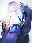  beroring closed_eyes facial_mark fire_emblem fire_emblem_if forehead_mark grey_background hair_ornament hairclip izana_(fire_emblem_if) japanese_clothes long_hair male_focus solo white_hair 