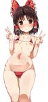  :d ass_visible_through_thighs bangs bare_arms bare_shoulders belly benikurage benjamin_button_suukina_jinsei bikini blunt_bangs blush bow brown_eyes brown_hair cookie_(touhou) covered_nipples cowboy_shot double_v flat_chest frilled_bow frills grin hair_bow hair_tubes hakurei_reimu hand_gesture highres looking_at_viewer micro_bikini midriff navel open_mouth red_bow shiny shiny_skin short_hair smile solo standing stomach swimsuit tareme teeth thigh_gap touhou v v-shaped_eyebrows white_background 