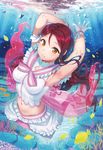  armpits blush coral fish gloves hair_ornament hairclip kichiroku koi_ni_naritai_aquarium long_hair looking_at_viewer love_live! love_live!_sunshine!! midriff navel red_hair sakurauchi_riko smile solo underwater yellow_eyes 