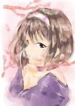  breasts brown_hair cherry_blossoms cleavage commentary_request hairband japanese_clothes kanzaki_sumire kimono lips looking_at_viewer mole mole_under_eye parted_lips red_eyes sakura_taisen short_hair solo tree tree_branch tsu_chi_miyuki upper_body 