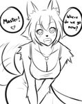  :d animal_ears artist_request blush breasts claws cleavage dog_ears dog_tail english fang fangs fur greyscale happy highres kobold leaning_forward looking_at_viewer messy_hair monochrome monster_girl monster_musume_no_iru_nichijou open_mouth polt short_hair simple_background smile solo tail tail_wagging text_focus 