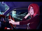  bangs breasts building car car_interior city_lights cityscape commentary eyebrows_visible_through_hair ginopi ground_vehicle hand_on_own_cheek letterboxed looking_at_viewer love_live! love_live!_school_idol_project medium_breasts motor_vehicle night nishikino_maki open_mouth open_window purple_eyes red_hair right-hand_drive short_hair skyscraper solo steering_wheel swept_bangs window 