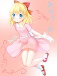  blonde_hair blue_eyes blush bow character_name copyright_name dress highres jumping legs long_dress mary_janes mother_(game) mother_2 paula_(mother_2) pink_dress ribbon setona_(daice) shoes short_hair smile socks solo wind wind_lift 