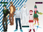  2boys animal_costume aran_sweater beret blue_hair boots chicken_costume dog_costume full_body glasses green_hair hat inumuta_houka jakuzure_nonon kill_la_kill monkey_costume multiple_boys pink_hair roadside66 sanageyama_uzu shorts sidelocks sweater 