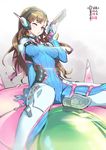  ;o arm_support bangs blue_bodysuit blurry bodysuit bracer breasts breasts_apart brown_eyes brown_hair character_name d.va_(overwatch) depth_of_field glint gun handgun headphones heart highres holding holding_gun holding_weapon long_hair looking_at_viewer mecha medium_breasts meka_(overwatch) ohland one_eye_closed overwatch pilot_suit ribbed_bodysuit shiny shiny_hair sitting solo weapon 