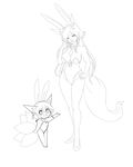  absurdres animal_ears artist_request breasts bunnysuit chibi dual_persona flat_chest fox_ears fox_tail fur greyscale highres kitsune luz_ninetei monochrome monster_girl monster_musume_no_iru_nichijou multiple_girls multiple_tails necktie older open_mouth smile tail 