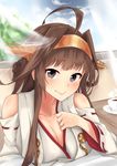  28aarts absurdres ahoge bangs bare_shoulders black_eyes blush breast_rest breasts brown_hair cleavage coffee cup curtains detached_sleeves double_bun hairband headgear highres japanese_clothes kantai_collection kongou_(kantai_collection) large_breasts long_hair nontraditional_miko ribbon-trimmed_sleeves ribbon_trim smile solo teacup window 