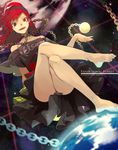  bad_id bad_twitter_id bare_shoulders barefoot black_shirt chain choker clothes_writing collar crossed_legs earth earth_(ornament) english floating floating_object frilled_skirt frills from_below grid hand_up hat hecatia_lapislazuli hichiko highres jewelry long_legs looking_at_viewer looking_down moon_(ornament) off-shoulder_shirt off_shoulder open_hand open_mouth planet pleated_skirt polos_crown red_eyes red_hair shirt short_hair short_sleeves sitting skirt slit_pupils solo space star_(sky) thighs touhou triangle universe upskirt wavy_hair 