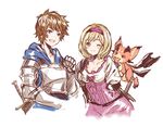  1girl blonde_hair bob_cut brown_eyes brown_hair djeeta_(granblue_fantasy) dragon fighter_(granblue_fantasy) gran_(granblue_fantasy) granblue_fantasy headband madogawa smile upper_body vee_(granblue_fantasy) 