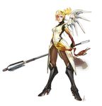  absurdres blonde_hair blue_eyes breasts full_body high_heels highres long_hair mechanical_halo mechanical_wings mercy_(overwatch) overwatch parted_lips ponytail puffeyes simple_background solo staff standing white_background wings 