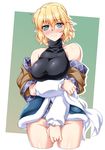  arm_warmers bad_id bad_twitter_id bare_shoulders blonde_hair blush bottomless breasts covering covering_crotch embarrassed green_eyes highres large_breasts mizuhashi_parsee no_panties ootsuki_wataru pointy_ears scarf scarf_removed short_hair solo touhou 
