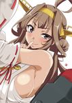  antennae aoi_manabu bare_shoulders breasts brown_eyes brown_hair commentary_request detached_sleeves finger_to_mouth happy_birthday headgear japanese_clothes kantai_collection kongou_(kantai_collection) large_breasts long_hair long_sleeves looking_at_viewer machinery no_bra ribbon-trimmed_sleeves ribbon_trim shushing sideboob smile solo sweat uneven_eyes upper_body wide_sleeves 