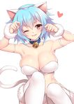  ;d animal_ears armlet armpits bare_shoulders bell blue_hair blush bra breasts cat_ears cleavage collar fake_animal_ears fur_trim fuya_(tempupupu) hairband infinite_stratos jingle_bell knees_up large_breasts looking_at_viewer midriff one_eye_closed open_mouth paw_pose red_eyes sarashiki_tatenashi short_hair simple_background sitting smile solo strapless strapless_bra underwear white_background white_bra white_legwear wrist_cuffs 
