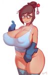  bare_shoulders beads breasts brown_eyes brown_hair cleavage covered_nipples curvy doxy glasses gloves hair_bun hair_ornament hair_stick hips huge_breasts mei_(overwatch) navel no_panties overwatch plump short_hair signature simple_background smile solo tank_top thighs thumbs_up white_background 