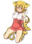  animal_ears bangs bare_shoulders blonde_hair blush cat_girl collar full_body looking_at_viewer original otoo_(izanagi) paws pink_eyes short_hair sitting solo tail tiger_ears tiger_tail white_background 