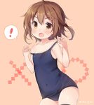  1girl :o ahoge black_legwear blush breasts brown_hair chiyingzai covered_navel fang hair_ornament hairclip ikazuchi_(kantai_collection) kantai_collection looking_at_viewer one-piece_swimsuit school_swimsuit short_hair simple_background small_breasts solo spoken_exclamation_mark strap_slip swimsuit thighhighs v-shaped_eyebrows 