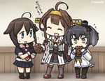  3girls ahoge anchor_symbol bare_shoulders black_serafuku boots braid brown_eyes brown_hair commentary dated detached_sleeves double_bun dress eating eating_hair fingerless_gloves gloves grey_hair hair_bun hair_ornament hair_over_shoulder hairband hamu_koutarou headgear kantai_collection kongou_(kantai_collection) long_hair multiple_girls neckerchief nontraditional_miko pantyhose pleated_skirt remodel_(kantai_collection) ribbon-trimmed_sleeves ribbon_trim sailor_dress school_uniform serafuku shigure_(kantai_collection) short_hair_with_long_locks single_braid skirt thigh_boots thighhighs tokitsukaze_(kantai_collection) translated 