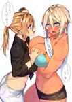  23_(real_xxiii) 2girls bikini_top blonde_hair blue_eyes blush breast_grab breasts cleavage dark_skin groping huge_breasts long_hair multiple_girls open_mouth purple_eyes short_hair short_shorts sweat translated yuri 