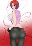  ass bare_shoulders blush breasts butt_crack cameltoe dimples_of_venus from_behind gloves jiseki king_of_fighters large_breasts looking_at_viewer looking_back pants pantylines red_eyes red_hair shiny shiny_clothes shiny_hair shiny_skin short_hair sideboob skin_tight smile solo the_king_of_fighters tight_pants vanessa 
