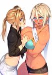  2girls ahoge_girl_(23) aqua_bra aqua_eyes ass blonde_hair blush bouncing_breasts bra bracelet breast_grab breasts choker dark-skinned_girl_(23) flying_sweatdrops grabbing grey_eyes highres jewelry lactation large_breasts long_sleeves midriff multiple_girls open_mouth original pants pendant ponytail shirt shirt_lift short_shorts shorts sweat tied_shirt underwear yuri 