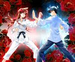  1girl black_hair blue_eyes brown_hair couple dougi fighting_stance flower highres ito karate_gi kudou_shin'ichi long_hair looking_at_another meitantei_conan mouri_ran star_(sky) 