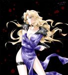  artist_name black_background blonde_hair blood blood_splatter blue_eyes blue_hair breasts choker cleavage collarbone contrapposto crossed_arms dated fur_trim garters gun highres ito large_breasts lavender_lipstick lipstick long_hair looking_at_viewer looking_to_the_side makeup meitantei_conan nail_polish parted_lips profile side_slit solo standing vermouth_(meitantei_conan) weapon 