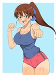  :d bare_shoulders blue_background breasts brown_hair camisole cleavage fang highres kagemusha large_breasts long_hair looking_at_viewer open_mouth original ponytail school_uniform short_shorts shorts smile solo thighs 