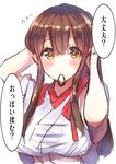  adjusting_hair akagi_(kantai_collection) blush brown_eyes brown_hair daijoubu?_oppai_momu? flying_sweatdrops hair_tie hands_in_hair highres japanese_clothes kantai_collection long_hair looking_at_viewer meme mochiko_(mocchikkoo) mouth_hold sketch solo translated white_background 