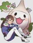  bodysuit brown_eyes brown_hair d.va_(overwatch) facial_mark gloves headphones highres long_hair open_mouth overwatch pachimari smile solo splashbrush whisker_markings 