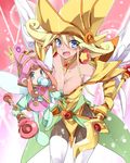  :d bare_shoulders berry_magician_girl blonde_hair blue_eyes blush_stickers breasts brown_hair collar collarbone duel_monster earrings gem gloves hair_between_eyes hat highres holding holding_staff jewelry lemon_magician_girl leotard long_hair looking_at_viewer medium_breasts mtu_(orewamuzituda) multiple_girls open_mouth pantyhose smile staff star thighhighs thighhighs_over_pantyhose white_legwear wings witch_hat yellow_gloves yellow_hat yellow_leotard yuu-gi-ou 