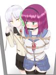  2girls angel_beats! arms_behind_back artist_request bdsm blush bondage bound femdom gag green_eyes headband long_hair multiple_girls purple_hair rope saliva school_uniform shibari skirt skirt_lift standing tenshi_(angel_beats!) thighhighs white_background white_hair yellow_eyes yuri yuri_(angel_beats!) 