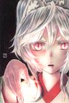  animal_ears arm_up black_background commentary fox_ears highres japanese_clothes lips looking_at_viewer miko millipen_(medium) open_mouth original portrait red_eyes signature simple_background solo tesun_(g_noh) traditional_media watercolor_(medium) white_hair 
