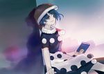  ainy77 bad_id bad_pixiv_id black_dress blue_eyes blue_hair book doremy_sweet dress hat holding holding_book looking_at_viewer nightcap open_mouth pom_pom_(clothes) short_sleeves sitting smile solo tail tapir_tail touhou white_dress 