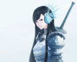  armor backlighting black_eyes black_hair breastplate fantasy headgear knight lips long_hair looking_at_viewer original pauldrons sakimori_(hououbds) simple_background solo sword upper_body weapon white_background 