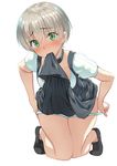  blush body_mahattaya_ginga green_eyes kantai_collection kneeling looking_at_viewer mouth_hold panties panty_pull short_hair silver_hair simple_background skirt skirt_in_mouth skirt_lift solo underwear white_background z1_leberecht_maass_(kantai_collection) 