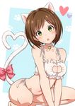  :o animal_ears bare_shoulders bell bell_choker blush bow breasts brown_hair cat_ears cat_lingerie cat_tail choker cleavage_cutout collar green_eyes head_tilt heart heart_tail idolmaster idolmaster_cinderella_girls jingle_bell leaning_forward looking_at_viewer maekawa_miku medium_breasts meme_attire navel open_mouth panties paw_background short_hair side-tie_panties solo squatting tail tail_bow takeashiro underwear v_arms white_panties 
