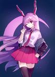  ainy77 animal_ears bad_id bad_pixiv_id black_legwear blazer bunny_ears crescent crescent_moon dress_shirt finger_gun jacket long_hair long_sleeves looking_at_viewer miniskirt moon necktie off_shoulder pink_skirt pleated_skirt pointing pointing_up purple_hair red_eyes red_neckwear reisen_udongein_inaba shirt skirt sleeves_rolled_up smile solo thighhighs touhou very_long_hair white_shirt zettai_ryouiki 