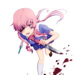  blood bloody_knife blue_skirt boxcutter charging collarbone dual_wielding gasai_yuno hair_over_one_eye holding holding_knife kitchen_knife knife long_hair looking_at_viewer mirai_nikki open_mouth phone pink_eyes pink_hair pleated_skirt school_uniform shaded_face skirt socks solo teito-oukoku white_background white_legwear 