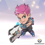  artist_request chibi fingerless_gloves full_body gloves green_eyes gun lowres official_art overwatch pink_hair scar short_hair smile solo tattoo undercut weapon zarya_(overwatch) 