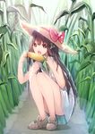  bare_legs black_hair bow cocoa_(cafe-hotcocoa) convenient_leg corn eating hat hat_bow hat_ornament highres long_hair looking_at_viewer no_socks original shoes solo squatting 