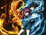  1girl angry fighting_stance fire highres kannagi_ayano kaze_no_stigma non-web_source open_mouth red_hair school_uniform seiryou_academy_uniform skirt sword wallpaper weapon wind yagami_kazuma 