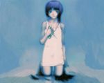  abe_yoshitoshi bare_shoulders chemise cutting_hair dress iwakura_lain kneeling official_art scissors serial_experiments_lain severed_hair short_hair solo wallpaper 