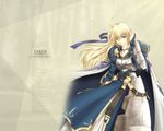  akatsuki_akane alternate_hairstyle armor armored_dress artoria_pendragon_(all) blonde_hair cape character_name copyright_name dress fate/stay_night fate_(series) green_eyes long_hair long_sleeves saber solo 