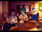  2girls desk green_hair higurashi_no_naku_koro_ni maebara_keiichi multiple_girls mutsuki_(moonknives) ryuuguu_rena school school_uniform sonozaki_mion wallpaper 