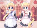 animal_ears apron blonde_hair blue_eyes blush bow cat_ears copyright_request highres holding_hands holding_own_tail indoors kagura_yuuki long_hair long_sleeves maid maid_headdress multiple_girls nekono_osero nervous pink_bow tail tail_grab twintails wallpaper window 