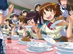  chalkboard chopsticks classroom cup eating food gagraphic maid multiple_girls naruko_hanaharu noodles plate school_uniform table wallpaper 