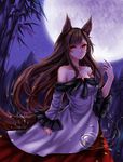  absurdres animal_ears backlighting bad_id bad_pixiv_id bamboo bamboo_forest bangs blouse breasts brooch brown_hair cleavage fingernails forest full_moon hand_up highres hitodama imaizumi_kagerou jewelry lavender_dress long_hair long_sleeves looking_at_viewer medium_breasts moon moonlight mountain nature night night_sky off_shoulder parted_lips red_skirt sharp_fingernails sheya shiny shiny_hair sidelocks skirt sky solo star_(sky) starry_sky tail touhou very_long_hair white_blouse wolf_ears wolf_tail 
