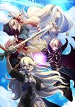  2girls aqua_(fire_emblem_if) arm_behind_head arm_up armor arrow artist_name bangs blonde_hair blue_hair book bow_(weapon) brynhildr_(tome) cape cloud detached_sleeves dress elbow_gloves energy_ball female_my_unit_(fire_emblem_if) fire_emblem fire_emblem_if fuujin_yumi gauntlets glint gloves grey_hair gzei hair_ornament hairband highres jewelry leon_(fire_emblem_if) long_hair multiple_boys multiple_girls my_unit_(fire_emblem_if) necklace open_book open_mouth outstretched_arm pendant ponytail quiver red_eyes shoulder_armor spaulders sword takumi_(fire_emblem_if) very_long_hair weapon white_gloves yellow_eyes yumi_(bow) 