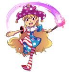  :d american_flag_dress american_flag_legwear bangs blonde_hair blush_stickers clownpiece collar dress eyebrows eyebrows_visible_through_hair fire frilled_shirt_collar frills full_body hat jester_cap leg_up long_hair looking_at_viewer mary_cagle neck_ruff open_mouth outstretched_arms outstretched_hand pantyhose polka_dot red_eyes short_sleeves simple_background smile solo striped striped_legwear torch touhou very_long_hair white_background 