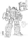  1girl android autobot greyscale kamizono_(spookyhouse) little_helper_(tflh) machinery mecha monochrome no_humans open_mouth optimus_prime original redesign short_hair simple_background size_difference sketch transformers 